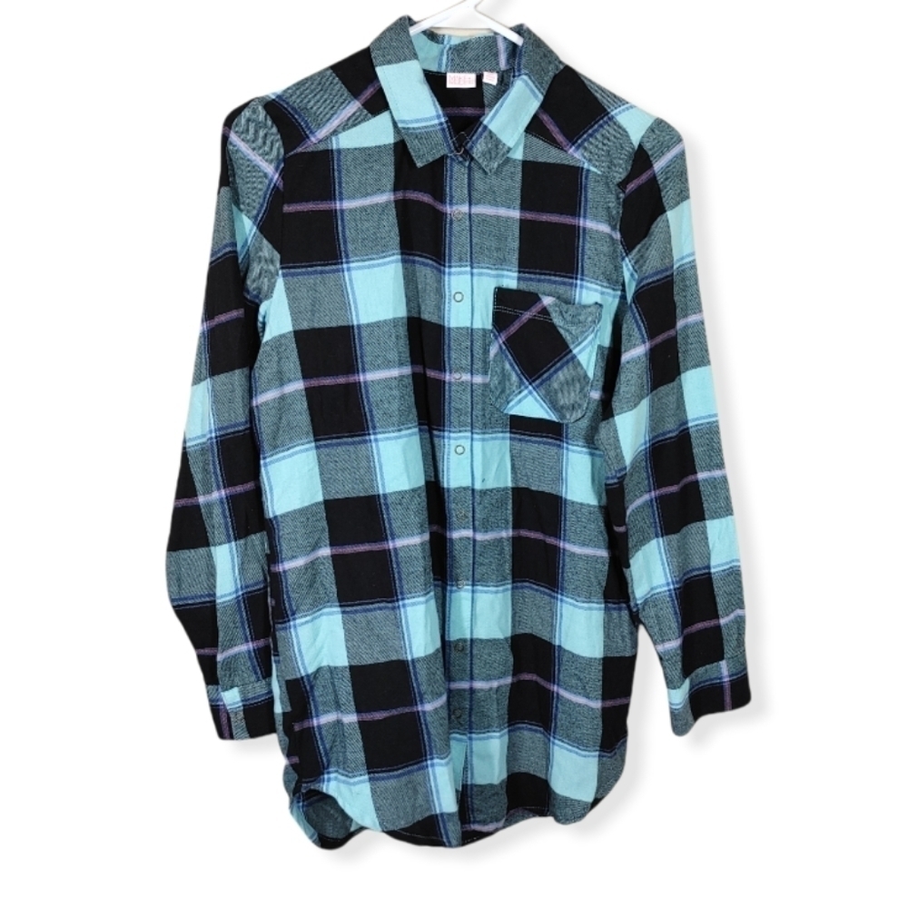 Make + Model Aqua Plaid Flannel Button Down Shirt Size XXS
